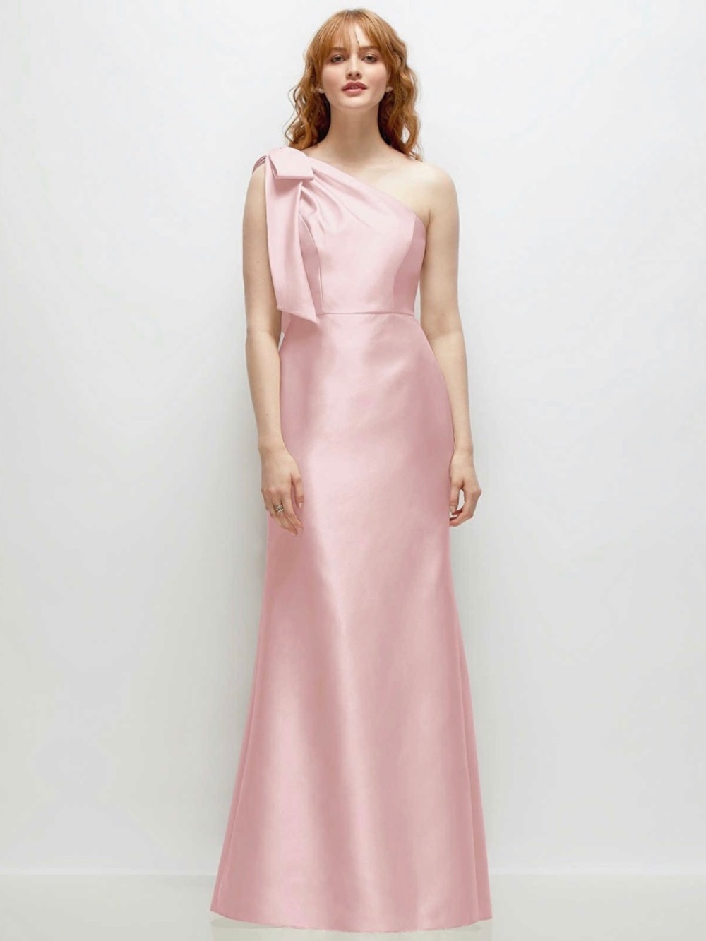 ALFRED SUNG One-Shoulder Blush Pink Satin Gown with Bow